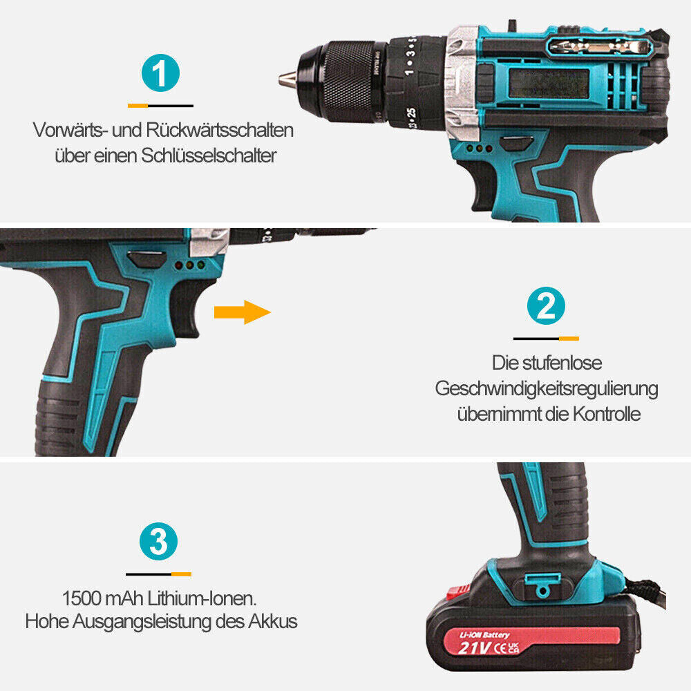 3 In 1 Brushless Schlagbohrschrauber 21V Akkuschrauber Set In Koffer Mit 2 Akku