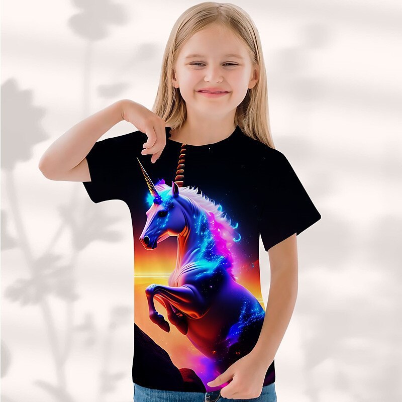 Girls 3D Printed Round Neck Short Sleeves