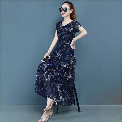 Taobao Special Edition Merchandise Floral Long Skirt, Plus Size Women's Dress, Slim And Fat Mm, Boutique Printed Chiffon Dress, Age Reduction