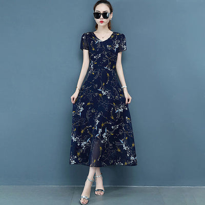 Taobao Special Edition Merchandise Floral Long Skirt, Plus Size Women's Dress, Slim And Fat Mm, Boutique Printed Chiffon Dress, Age Reduction