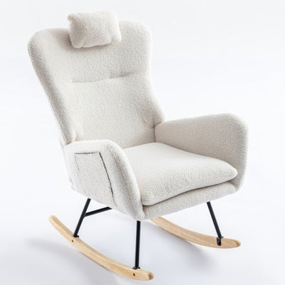 35.5 Inch Rocking Chair With Pocket, Soft Teddy Fabric Rocking Chair For Nursery, Comfy Wingback Glider Rocker With Safe Solid Wood Base For Living Room Bedroom Balcony