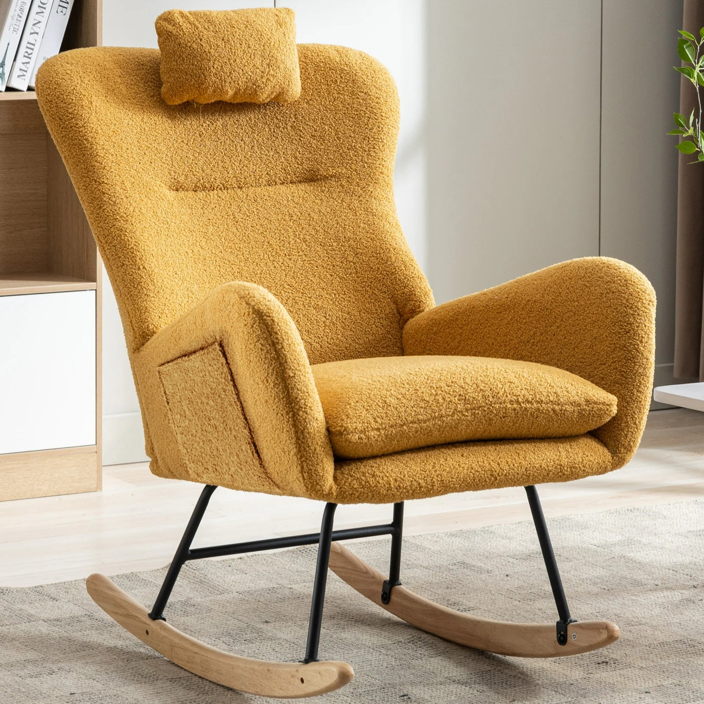 35.5 Inch Rocking Chair With Pocket, Soft Teddy Fabric Rocking Chair For Nursery, Comfy Wingback Glider Rocker With Safe Solid Wood Base For Living Room Bedroom Balcony