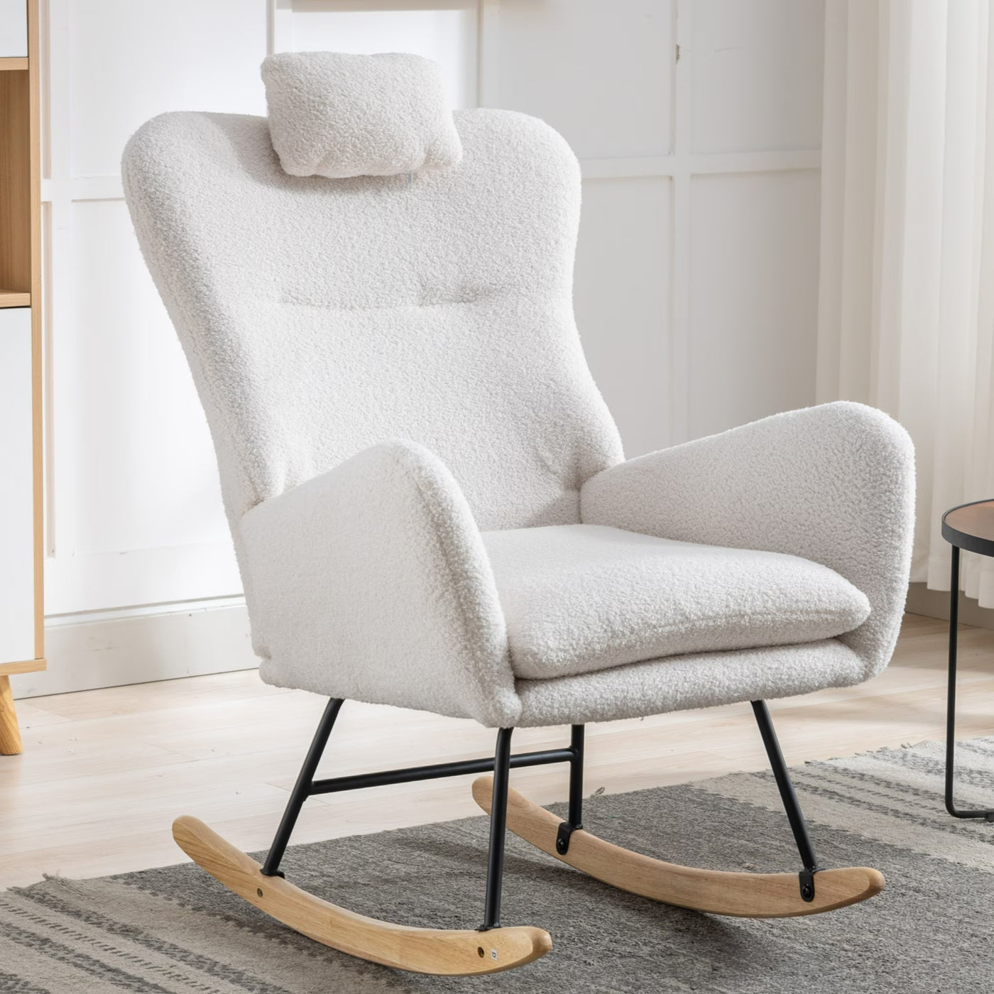 35.5 Inch Rocking Chair With Pocket, Soft Teddy Fabric Rocking Chair For Nursery, Comfy Wingback Glider Rocker With Safe Solid Wood Base For Living Room Bedroom Balcony