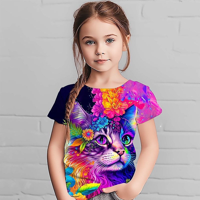 Girls 3D Printed Round Neck Short Sleeves