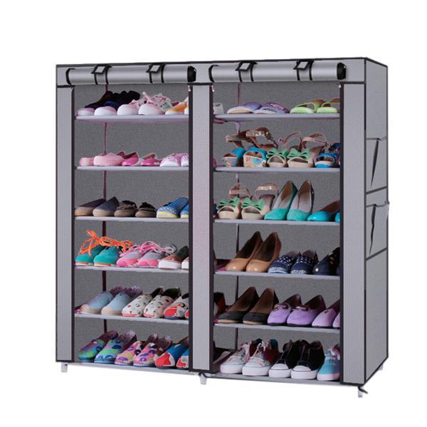 6-story Double Row 12 Grid Non-woven Fabric Shoe Cabinet Gray