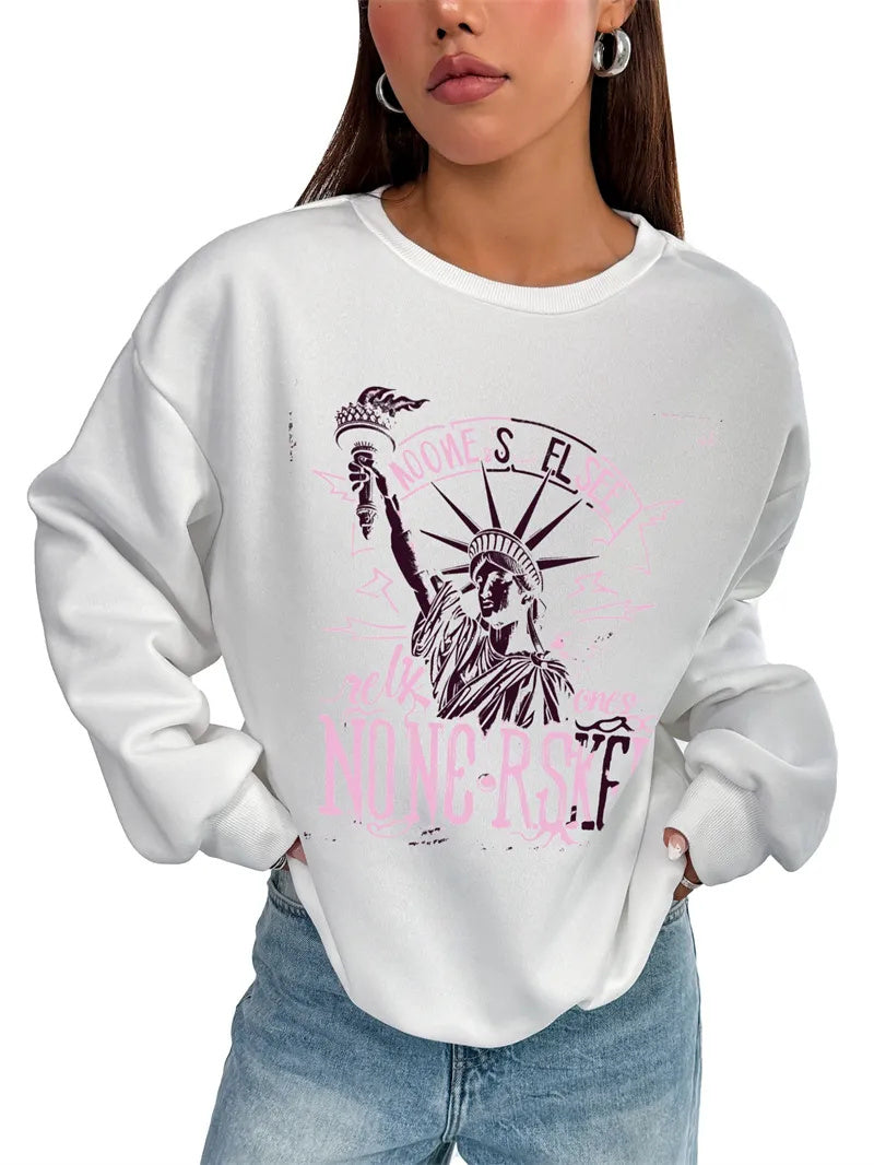 Women Basic Casual Pullover Spring Autumn Long Sleeve Statue Of Liberty Printed Round Neck