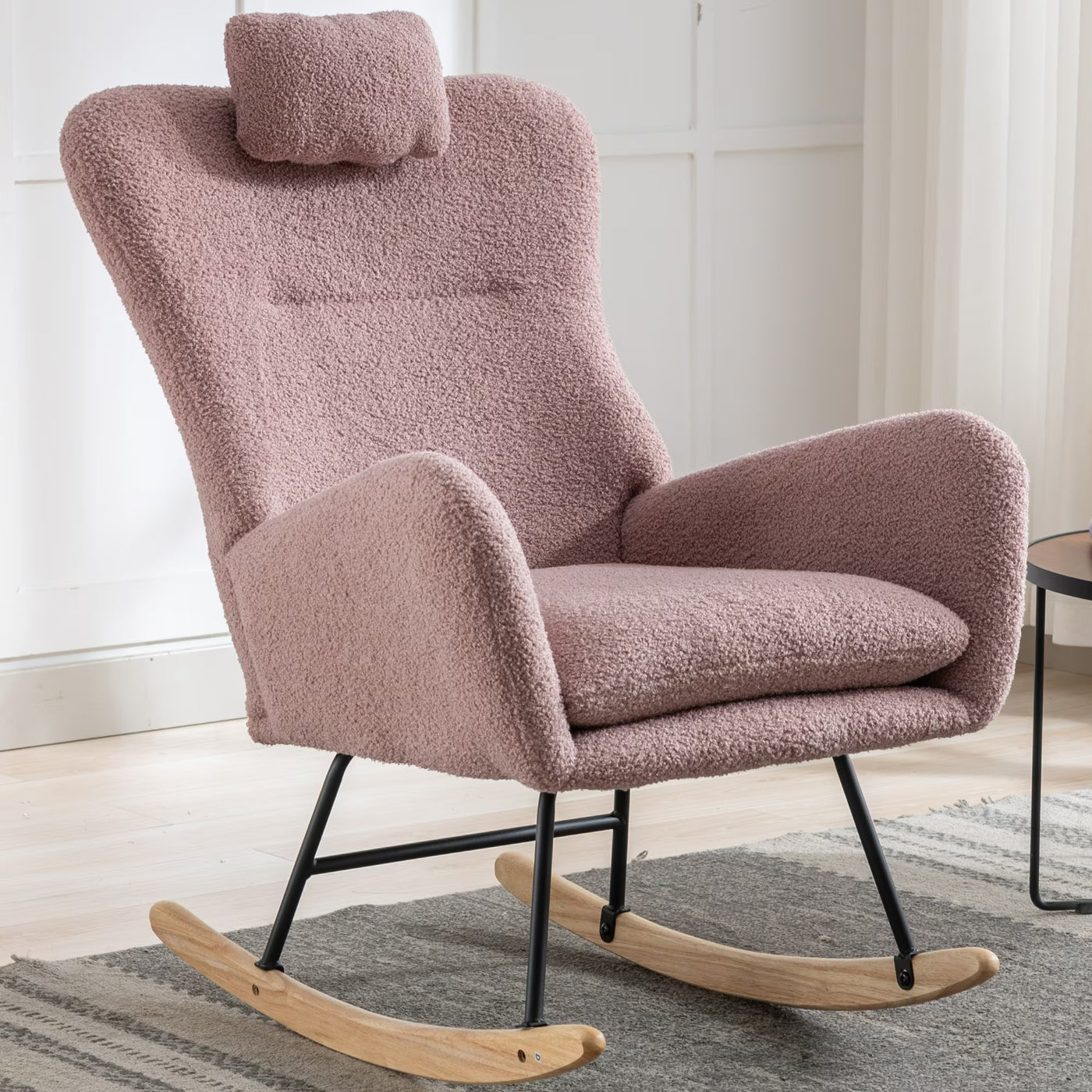 35.5 Inch Rocking Chair With Pocket, Soft Teddy Fabric Rocking Chair For Nursery, Comfy Wingback Glider Rocker With Safe Solid Wood Base For Living Room Bedroom Balcony