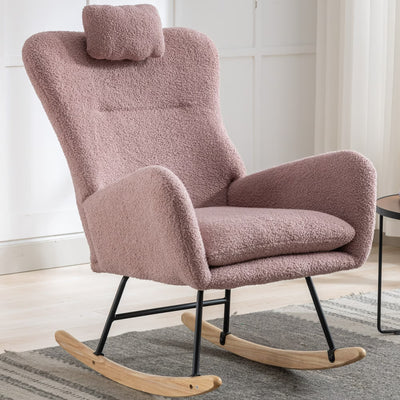 35.5 Inch Rocking Chair With Pocket, Soft Teddy Fabric Rocking Chair For Nursery, Comfy Wingback Glider Rocker With Safe Solid Wood Base For Living Room Bedroom Balcony