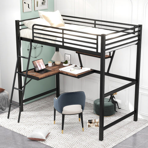 Twin Size Loft Metal&MDF Bed With Desk And Shelf, Black