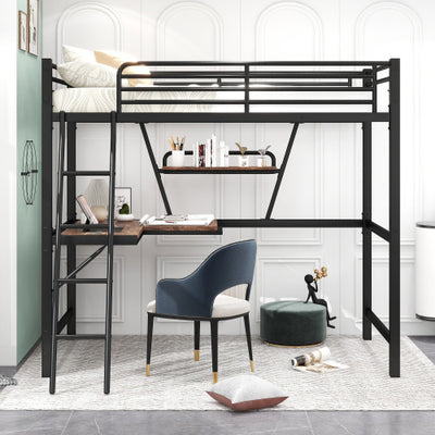 Twin Size Loft Metal&MDF Bed With Desk And Shelf, Black