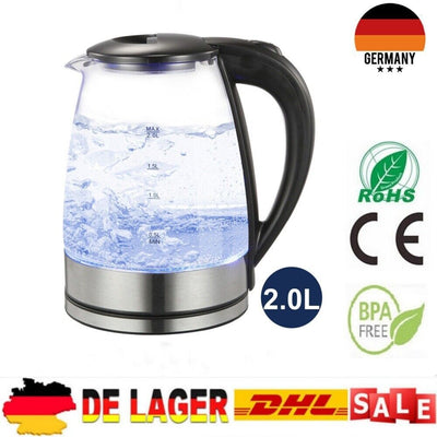 Wasserkocher Glas 2,0L Glaswasserkocher LED Edelstahl 1800W Teekocher BPA Frei