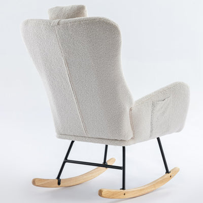 35.5 Inch Rocking Chair With Pocket, Soft Teddy Fabric Rocking Chair For Nursery, Comfy Wingback Glider Rocker With Safe Solid Wood Base For Living Room Bedroom Balcony