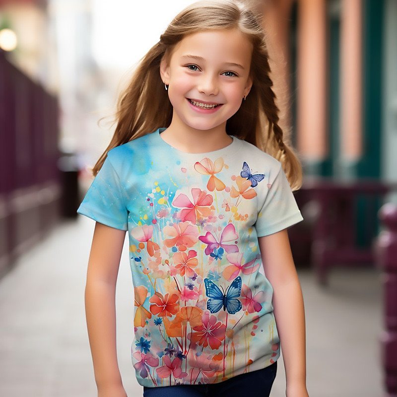 Girls 3D Printed Round Neck Short Sleeves